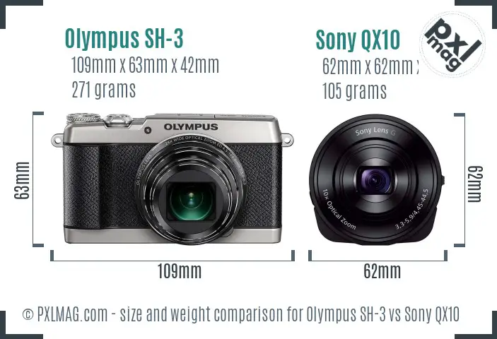 Olympus SH-3 vs Sony QX10 size comparison