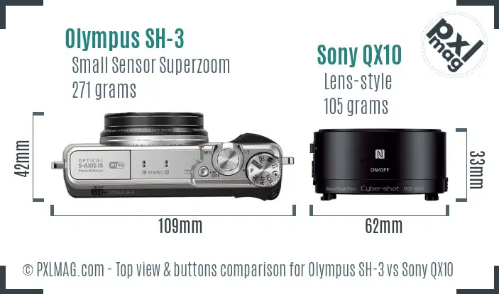 Olympus SH-3 vs Sony QX10 top view buttons comparison