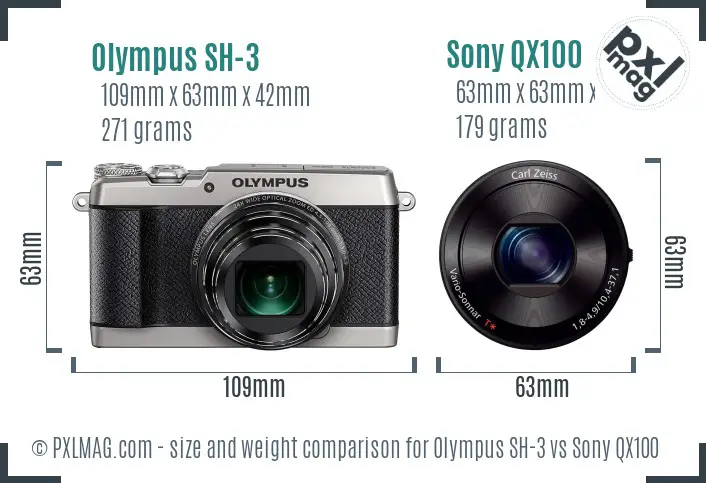 Olympus SH-3 vs Sony QX100 size comparison