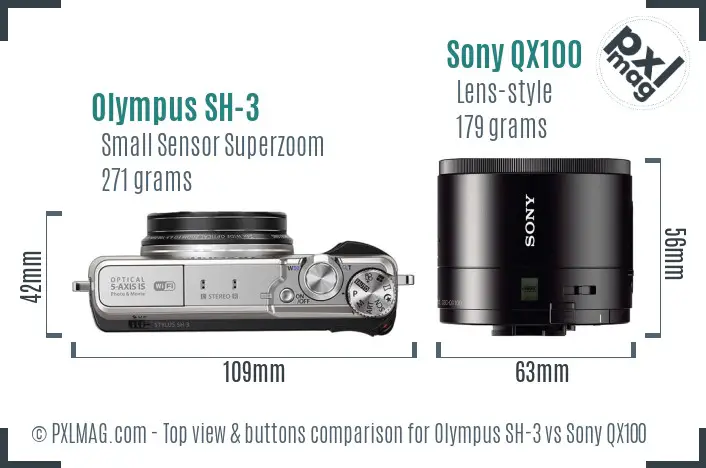 Olympus SH-3 vs Sony QX100 top view buttons comparison
