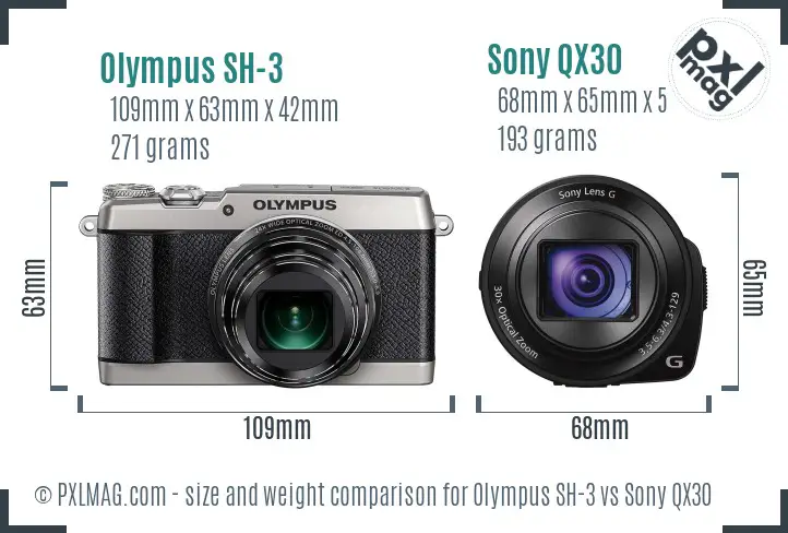 Olympus SH-3 vs Sony QX30 size comparison