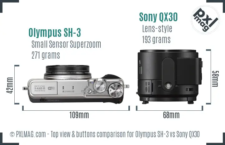 Olympus SH-3 vs Sony QX30 top view buttons comparison