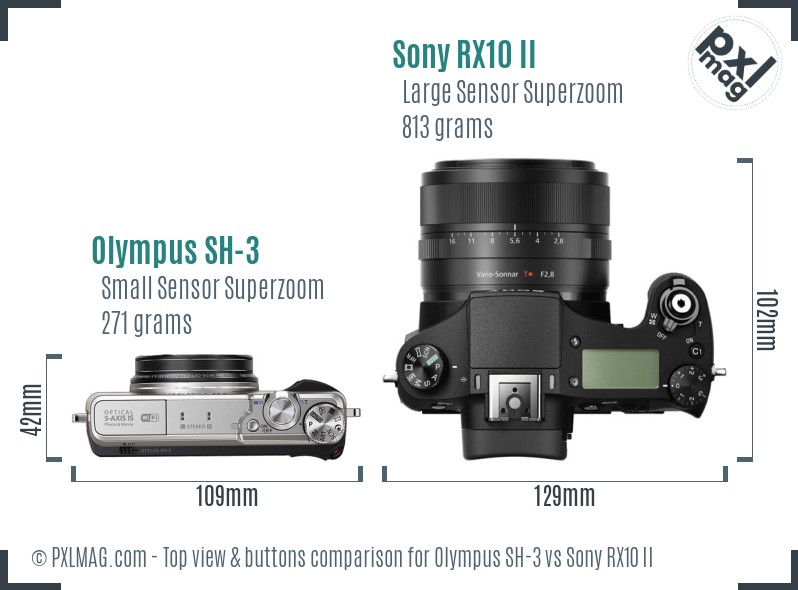 Olympus SH-3 vs Sony RX10 II top view buttons comparison