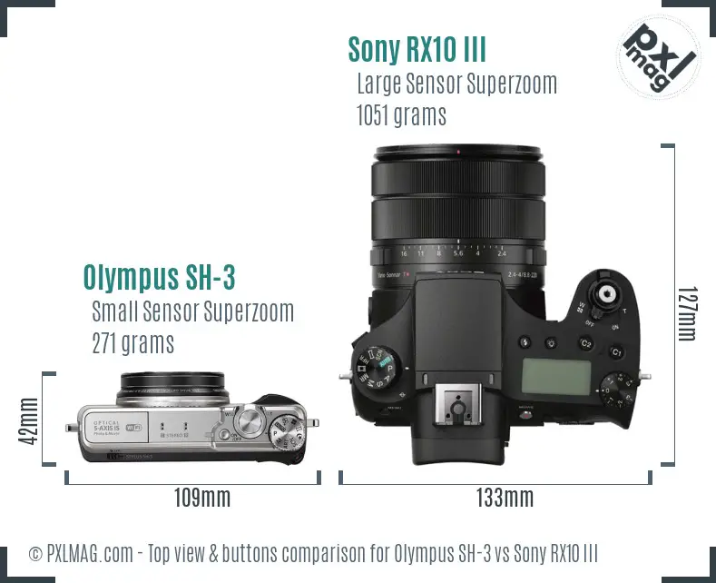 Olympus SH-3 vs Sony RX10 III top view buttons comparison