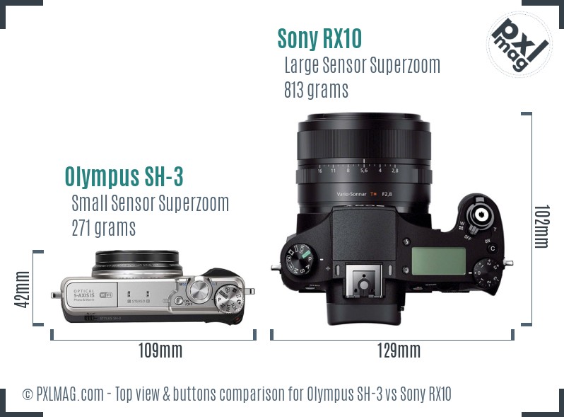 Olympus SH-3 vs Sony RX10 top view buttons comparison