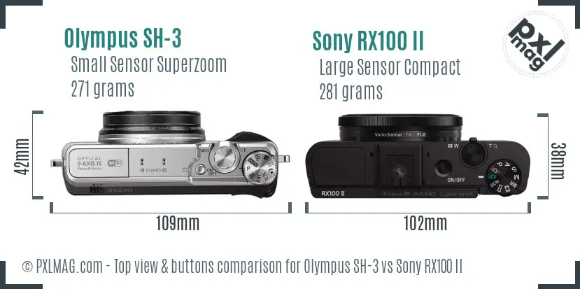 Olympus SH-3 vs Sony RX100 II top view buttons comparison