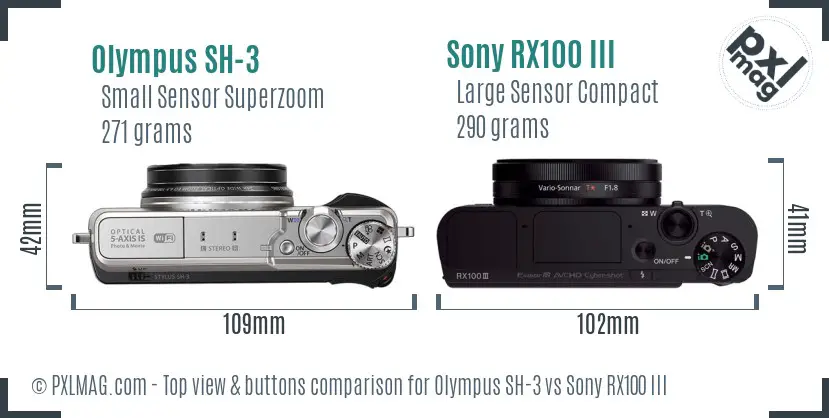 Olympus SH-3 vs Sony RX100 III top view buttons comparison