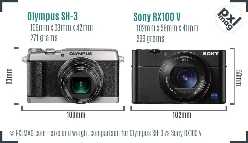 Olympus SH-3 vs Sony RX100 V size comparison