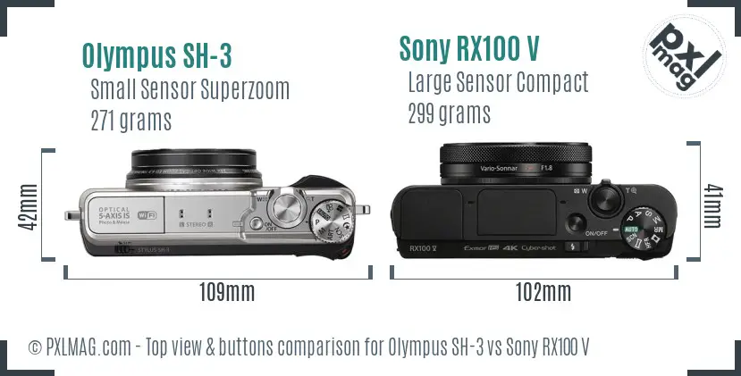 Olympus SH-3 vs Sony RX100 V top view buttons comparison