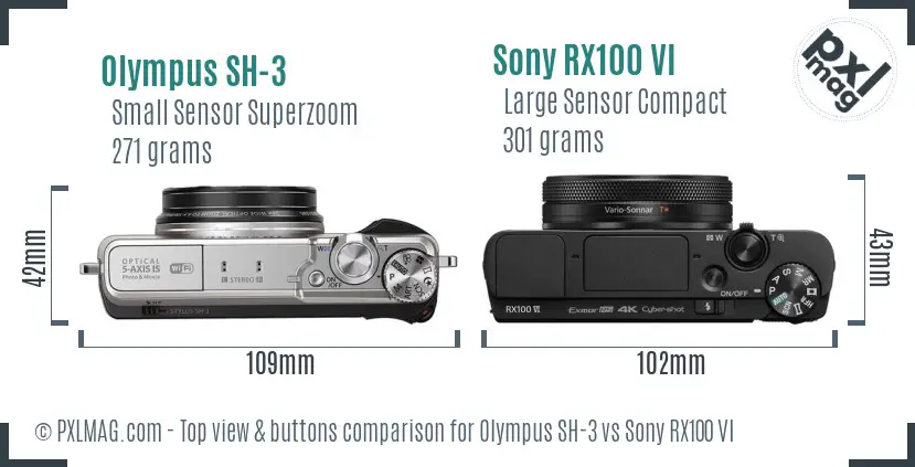 Olympus SH-3 vs Sony RX100 VI top view buttons comparison Olympus SH-3 vs Sony RX100 VI top view buttons comparison