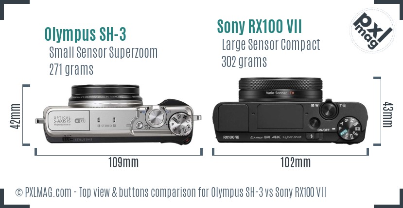 Olympus SH-3 vs Sony RX100 VII top view buttons comparison