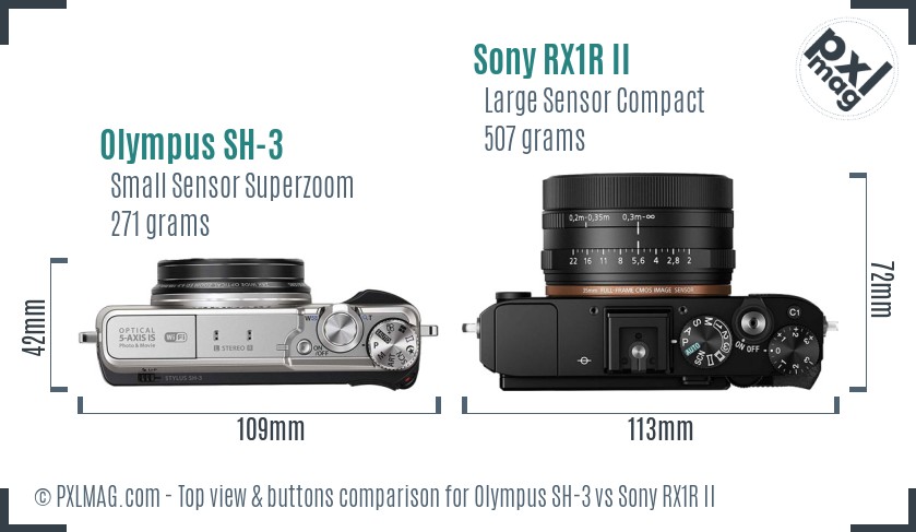 Olympus SH-3 vs Sony RX1R II top view buttons comparison