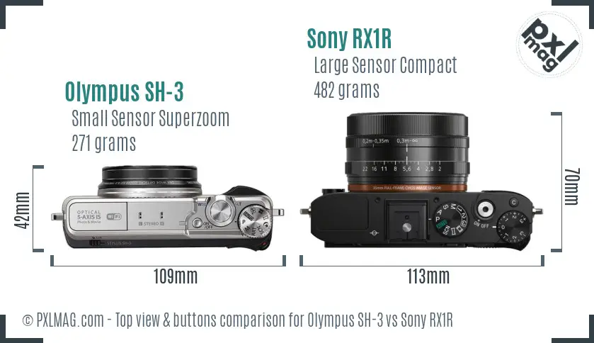 Olympus SH-3 vs Sony RX1R top view buttons comparison Olympus SH-3 vs Sony RX1R top view buttons comparison