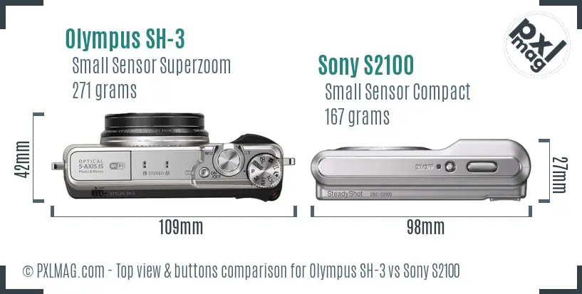 Olympus SH-3 vs Sony S2100 top view buttons comparison Olympus SH-3 vs Sony S2100 top view buttons comparison
