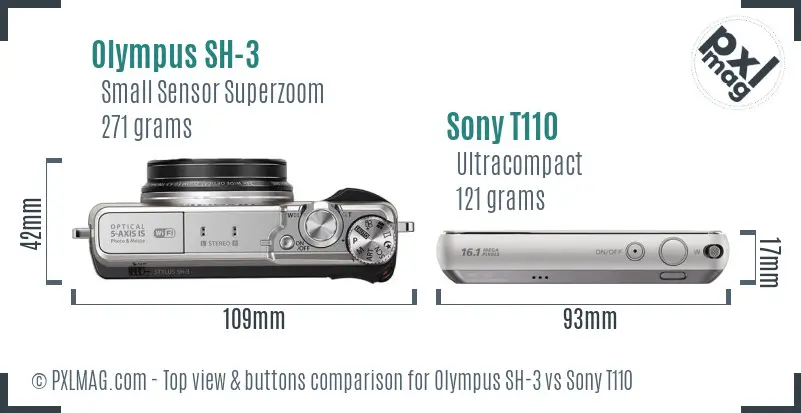 Olympus SH-3 vs Sony T110 top view buttons comparison Olympus SH-3 vs Sony T110 top view buttons comparison