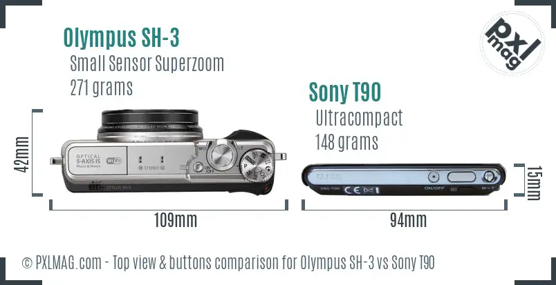 Olympus SH-3 vs Sony T90 top view buttons comparison