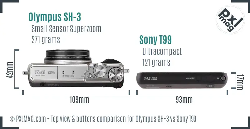 Olympus SH-3 vs Sony T99 top view buttons comparison