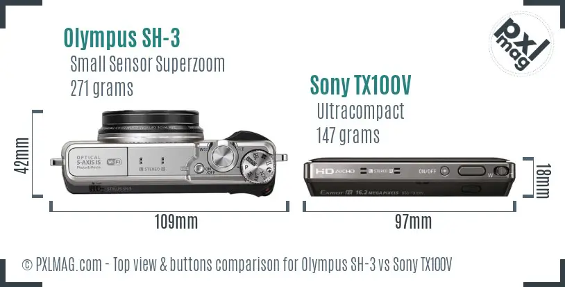 Olympus SH-3 vs Sony TX100V top view buttons comparison