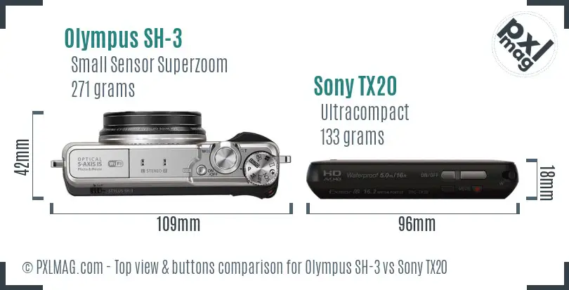 Olympus SH-3 vs Sony TX20 top view buttons comparison