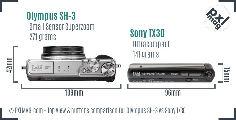 Olympus SH-3 vs Sony TX30 top view buttons comparison