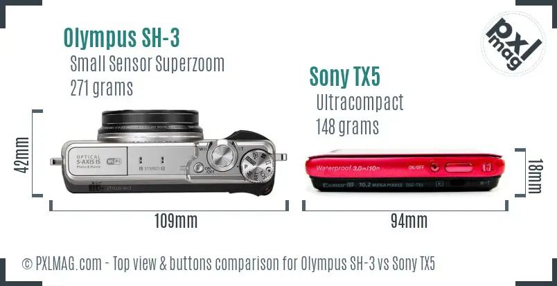 Olympus SH-3 vs Sony TX5 top view buttons comparison