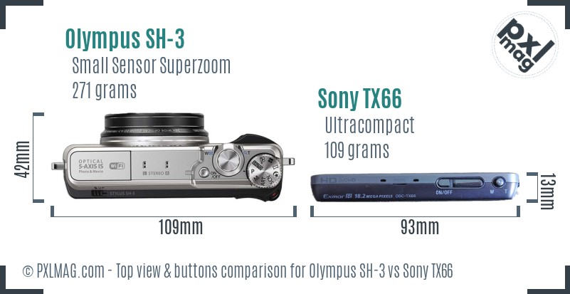 Olympus SH-3 vs Sony TX66 top view buttons comparison