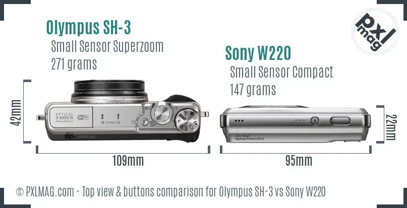 Olympus SH-3 vs Sony W220 top view buttons comparison