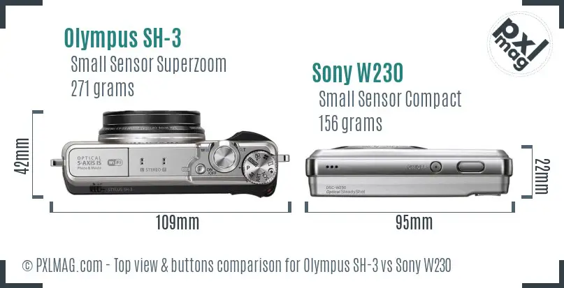 Olympus SH-3 vs Sony W230 top view buttons comparison