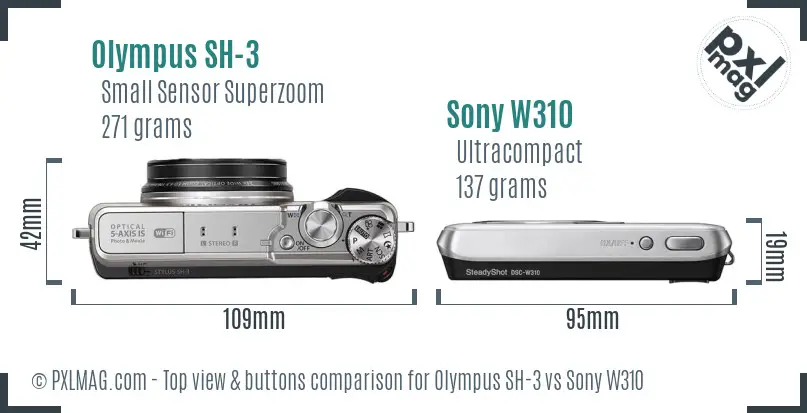 Olympus SH-3 vs Sony W310 top view buttons comparison