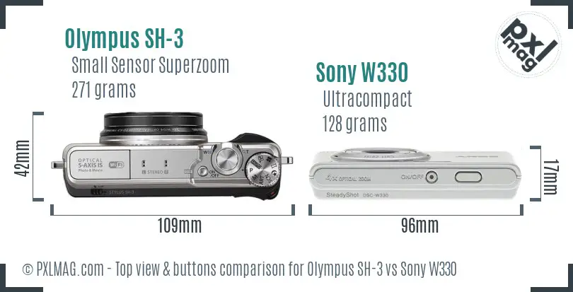 Olympus SH-3 vs Sony W330 top view buttons comparison Olympus SH-3 vs Sony W330 top view buttons comparison