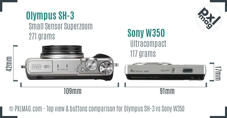 Olympus SH-3 vs Sony W350 top view buttons comparison Olympus SH-3 vs Sony W350 top view buttons comparison