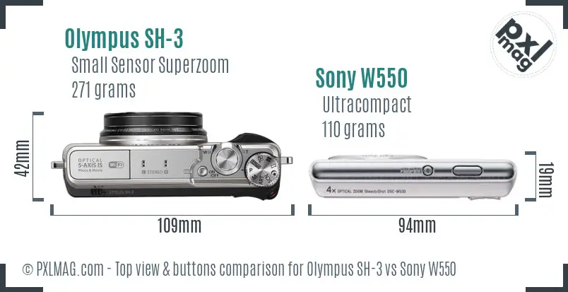 Olympus SH-3 vs Sony W550 top view buttons comparison Olympus SH-3 vs Sony W550 top view buttons comparison