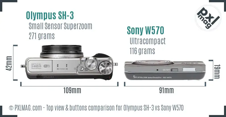 Olympus SH-3 vs Sony W570 top view buttons comparison