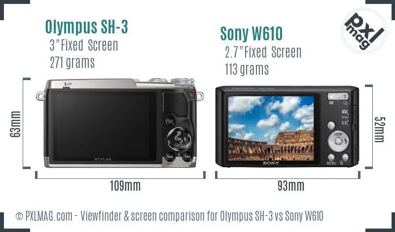 Olympus SH-3 vs Sony W610 Screen and Viewfinder comparison