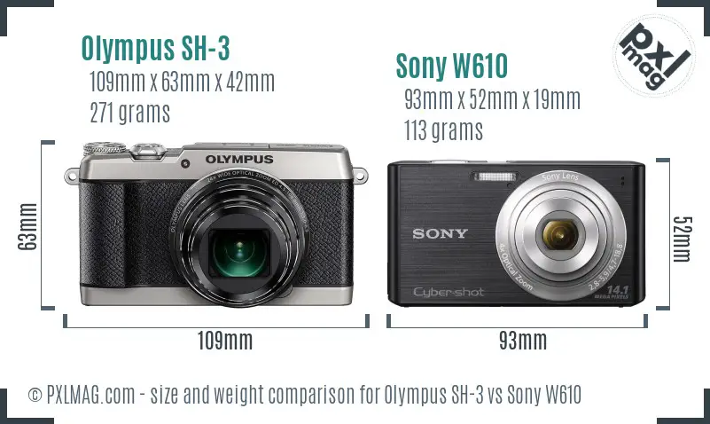 Olympus SH-3 vs Sony W610 size comparison