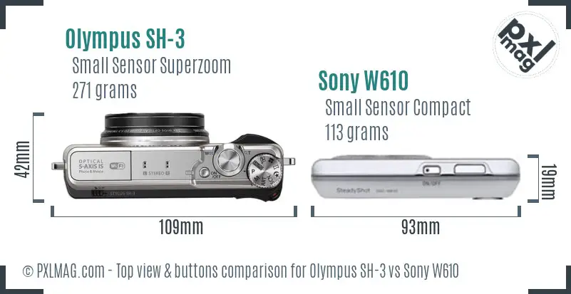 Olympus SH-3 vs Sony W610 top view buttons comparison