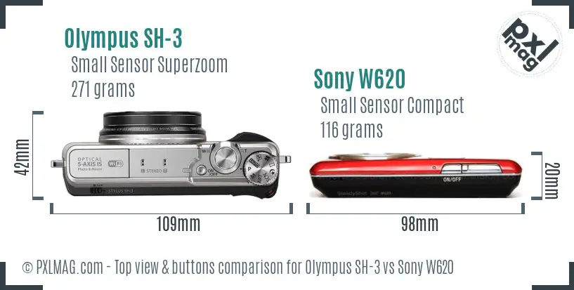 Olympus SH-3 vs Sony W620 top view buttons comparison