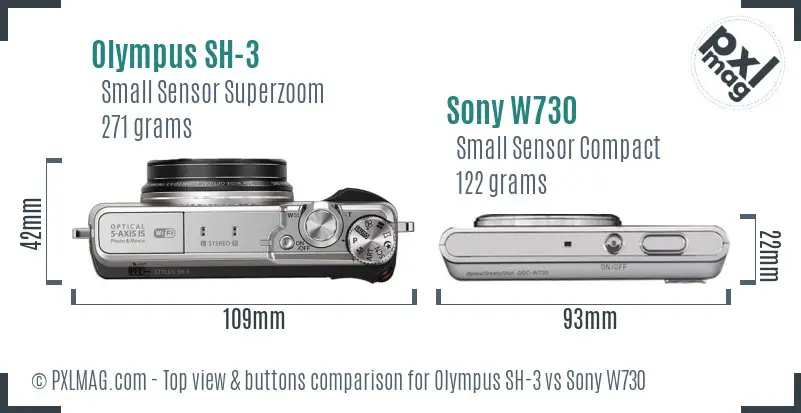 Olympus SH-3 vs Sony W730 top view buttons comparison