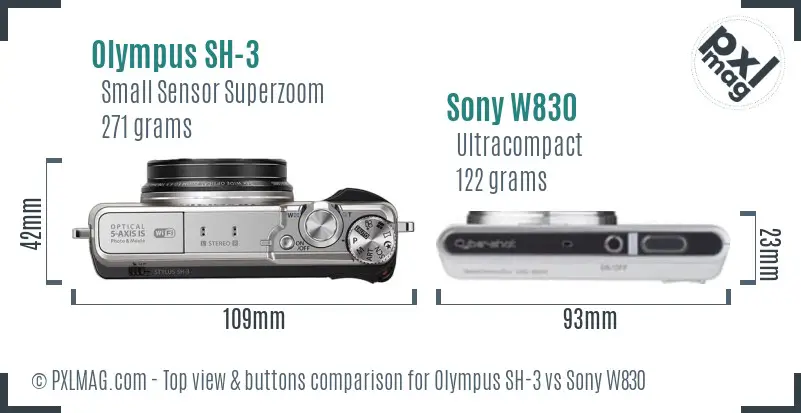 Olympus SH-3 vs Sony W830 top view buttons comparison