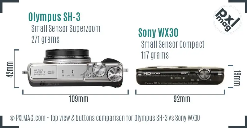 Olympus SH-3 vs Sony WX30 top view buttons comparison