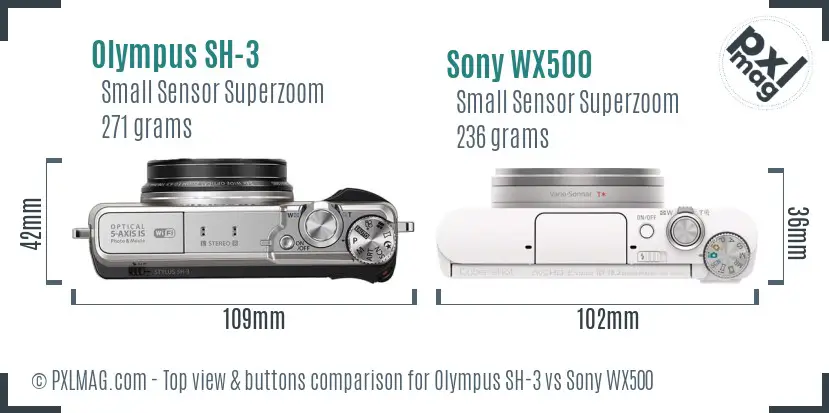 Olympus SH-3 vs Sony WX500 top view buttons comparison