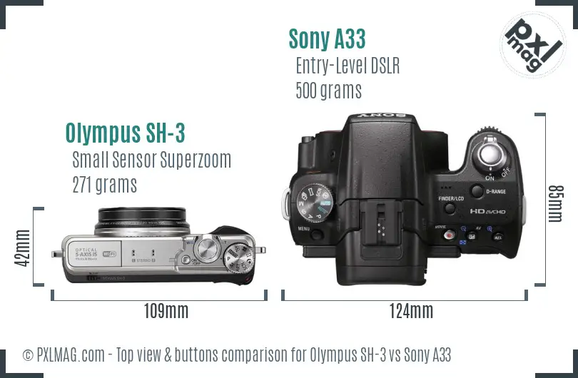 Olympus SH-3 vs Sony A33 top view buttons comparison