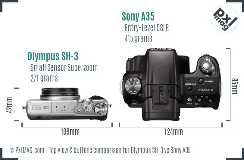 Olympus SH-3 vs Sony A35 top view buttons comparison