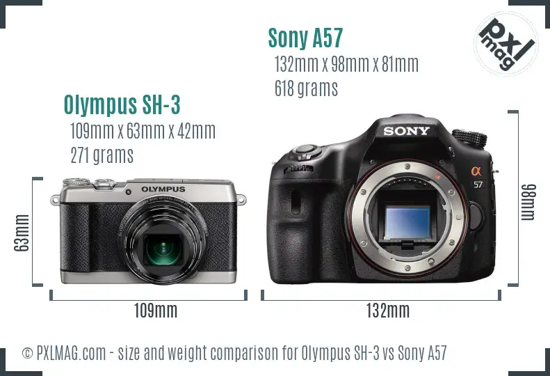 Olympus SH-3 vs Sony A57 size comparison