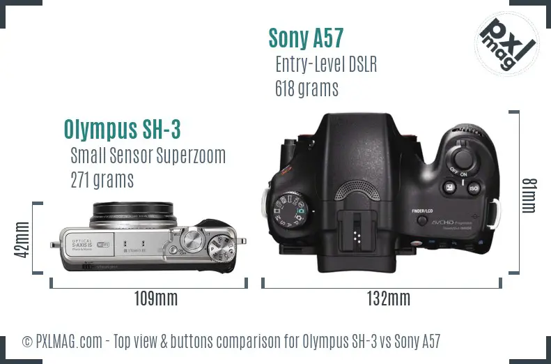 Olympus SH-3 vs Sony A57 top view buttons comparison