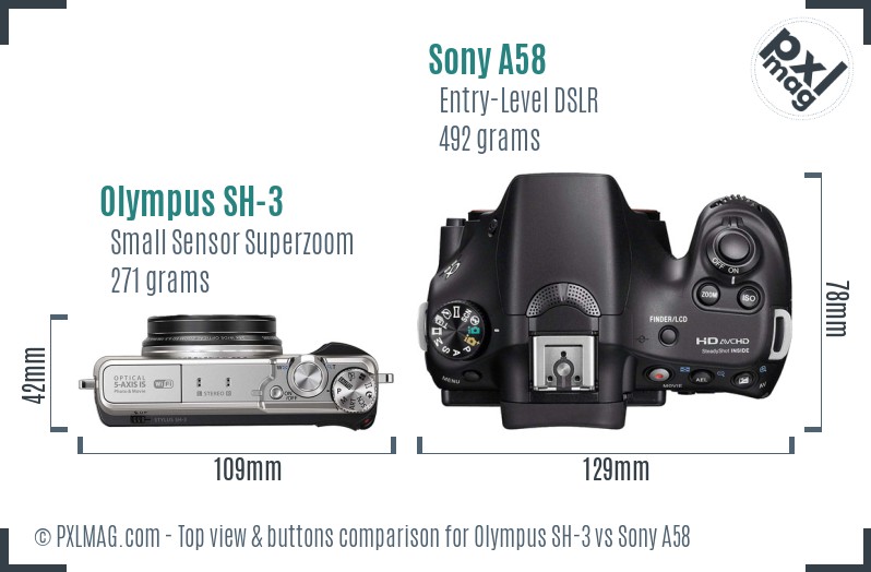 Olympus SH-3 vs Sony A58 top view buttons comparison