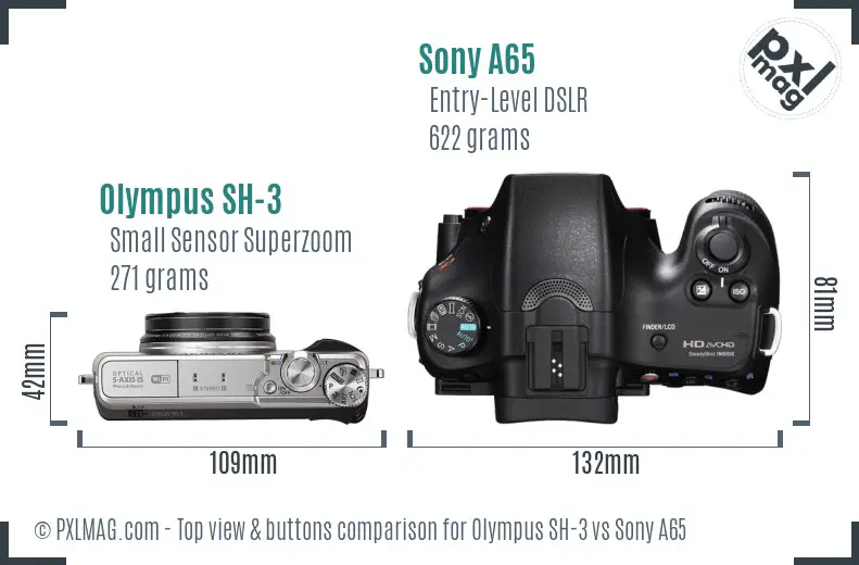 Olympus SH-3 vs Sony A65 top view buttons comparison