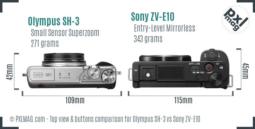 Olympus SH-3 vs Sony ZV-E10 top view buttons comparison Olympus SH-3 vs Sony ZV-E10 top view buttons comparison