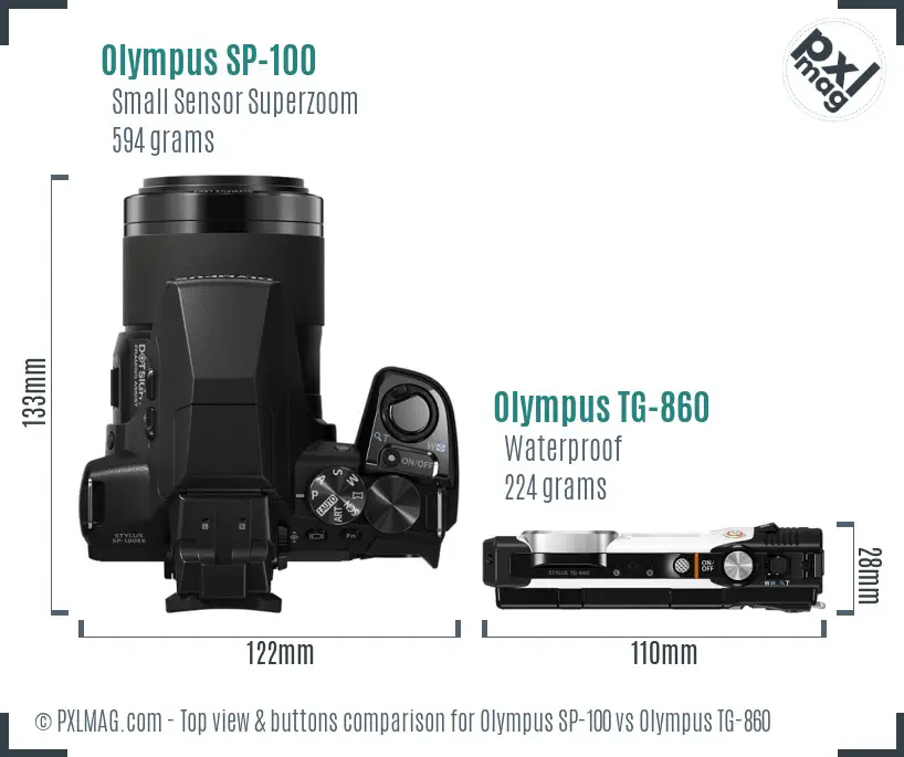 Olympus SP-100 vs Olympus TG-860 top view buttons comparison