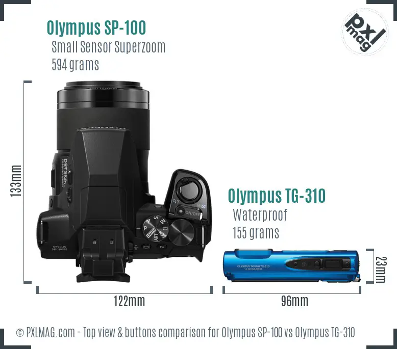 Olympus SP-100 vs Olympus TG-310 top view buttons comparison